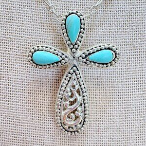 Sterling Silver 925 Thailand Turquoise Scroll Design Cross 1.5" 26" Figaro Chain